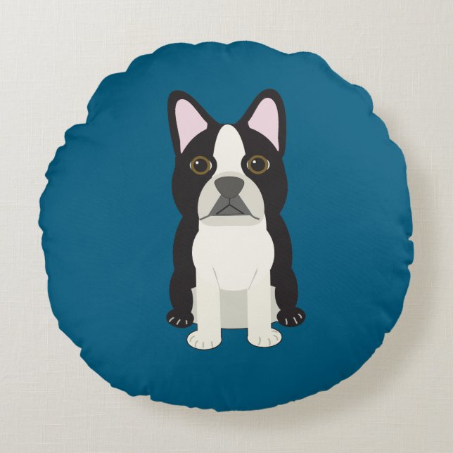 Boston Terrier blue Round Cushion (Front)
