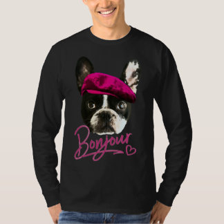 Boston Terrier Bonjour Pink Heart French T-Shirt