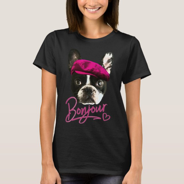 Boston Terrier Bonjour Pink Heart French T-Shirt (Front)