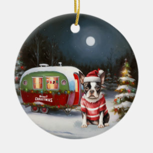 Boston Terrier Caravan Christmas Adventure  Ceramic Ornament