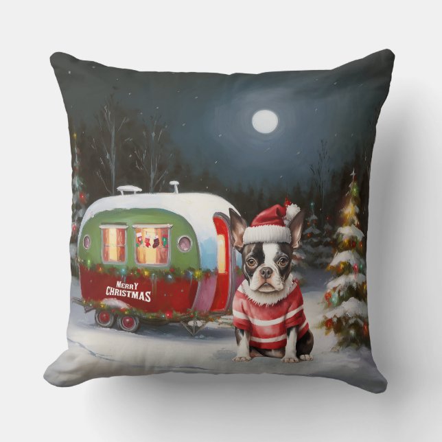Boston Terrier Caravan Christmas Adventure  Cushion (Front)