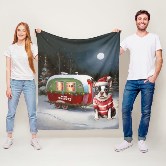 Boston Terrier Caravan Christmas Adventure  Fleece Blanket (In Situ)