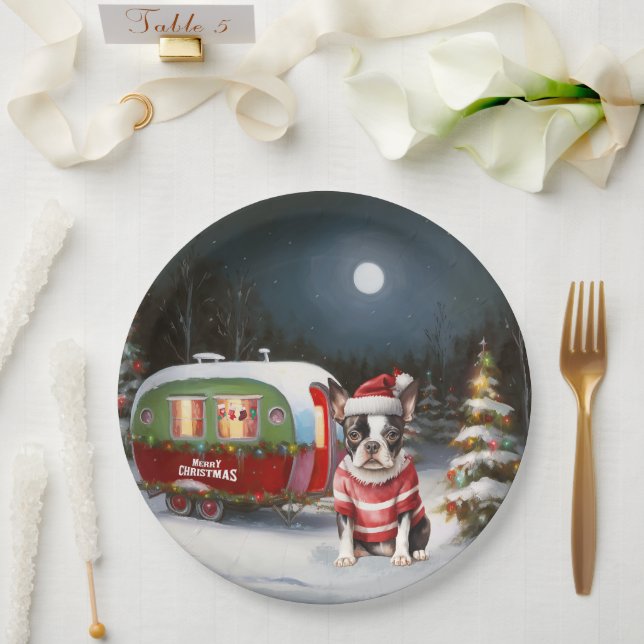Boston Terrier Caravan Christmas Adventure  Paper Plate (Wedding)