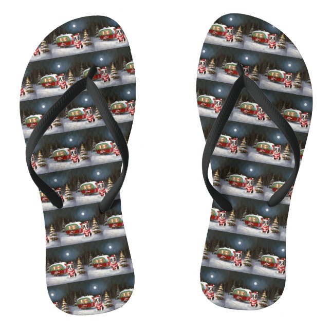 Boston Terrier Caravan Christmas Adventure  Thongs (Footbed)