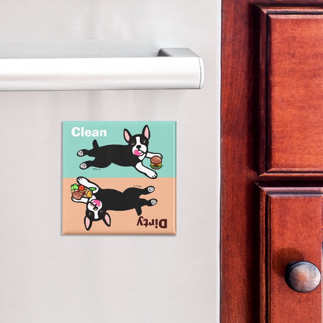 Boston Terrier Cartoon Dirty / Clean Magnet (Cute Boston Terrier Cartoon Dishwasher Magnet.)