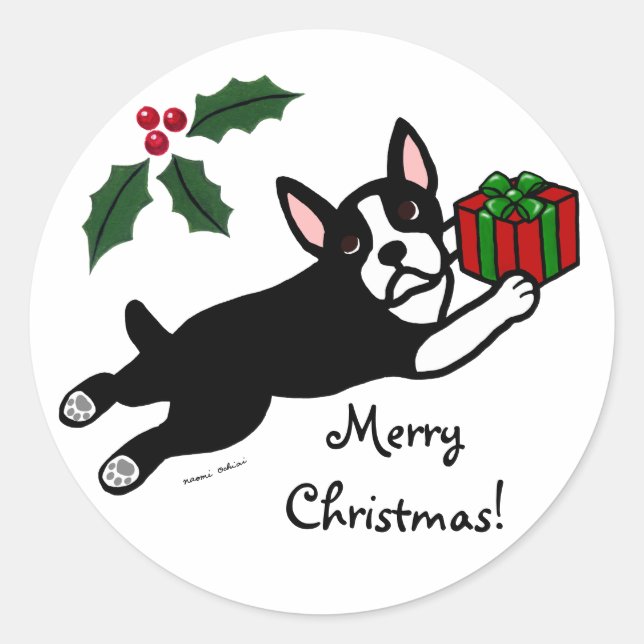 Boston Terrier Christmas 2 Cartoon Classic Round Sticker (Front)