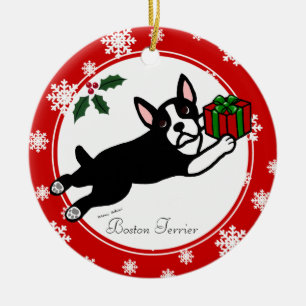 Boston Terrier Christmas 2 Cartoon Snowflakes Ceramic Ornament