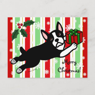 Boston Terrier Christmas 2 Cartoon Snowflakes Holiday Postcard