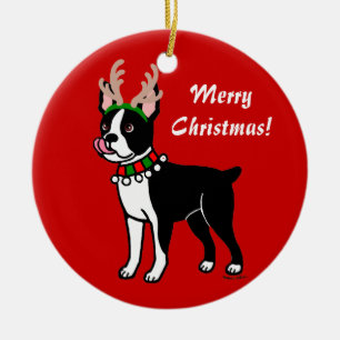 Boston Terrier Christmas Antlers Ceramic Ornament