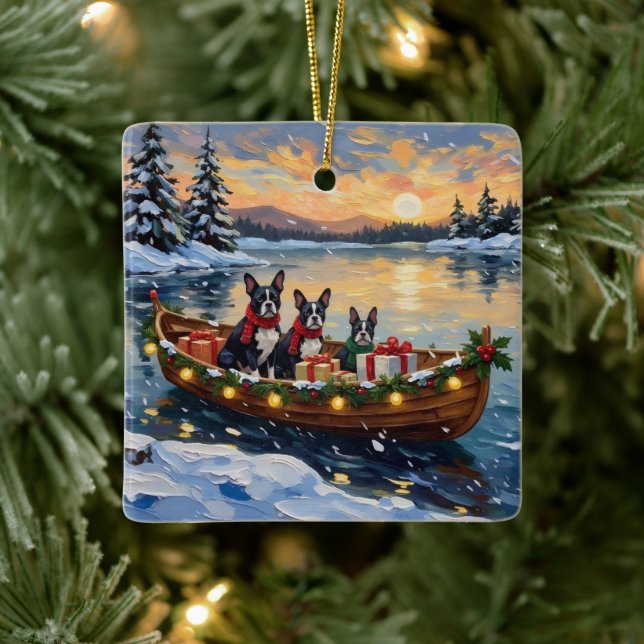 Boston Terrier Christmas Boat Holiday Ceramic Ornament (Tree)