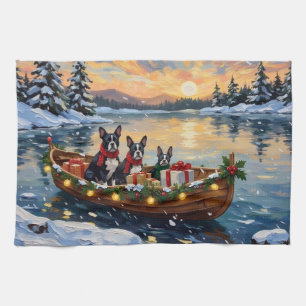 Boston Terrier Christmas Boat Holiday Tea Towel