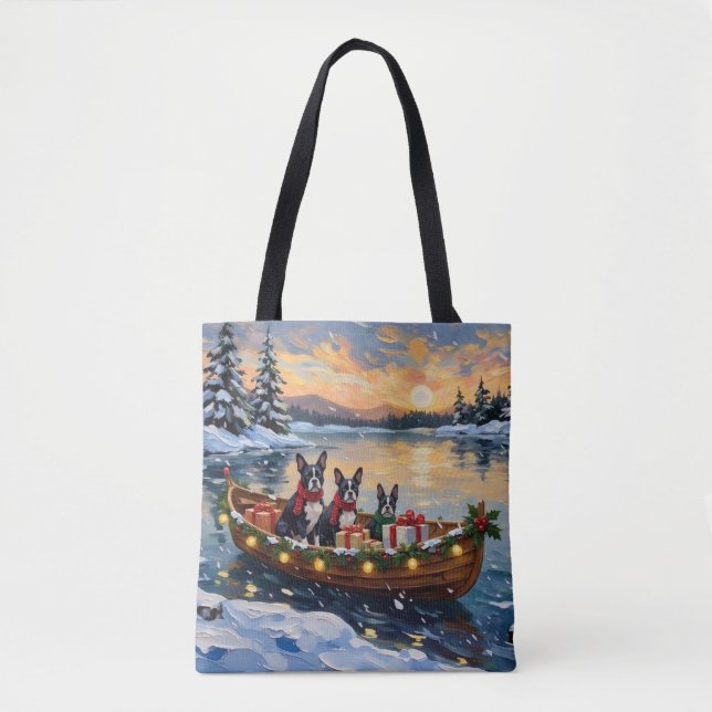 Boston Terrier Christmas Boat Holiday Tote Bag (Front)