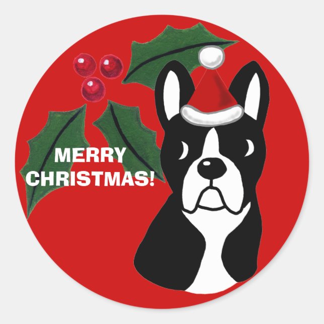 Boston Terrier Christmas Cartoon Classic Round Sticker (Front)