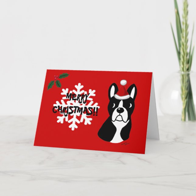 Boston Terrier Christmas Cartoon Snowflake Holiday Card (Front)