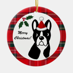 Boston Terrier Christmas Cartoon Tartan Ceramic Tree Decoration