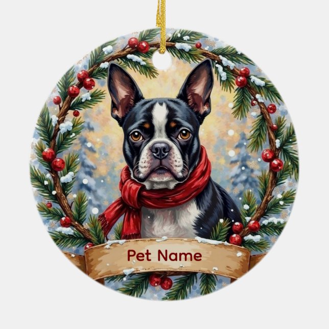 Boston Terrier Christmas Ceramic Ornament (Back)