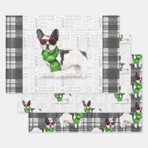 Boston Terrier Christmas Dog and Plaid Wrapping Paper Sheet