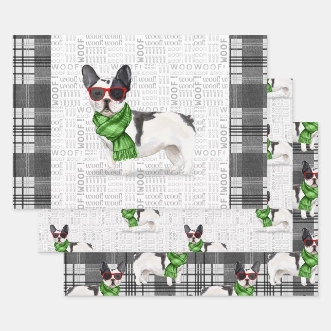 Boston Terrier Christmas Dog and Plaid Wrapping Paper Sheet (Set)