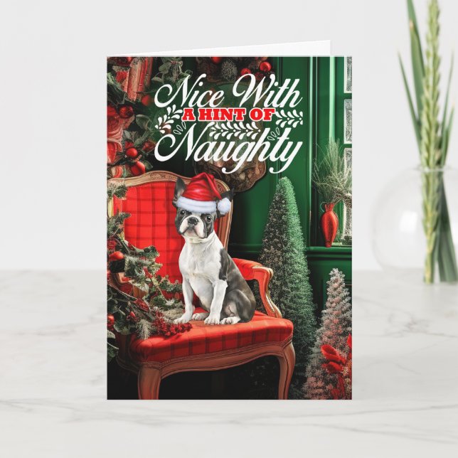 Boston Terrier Christmas Dog Naughty or Nice Holiday Card (Front)