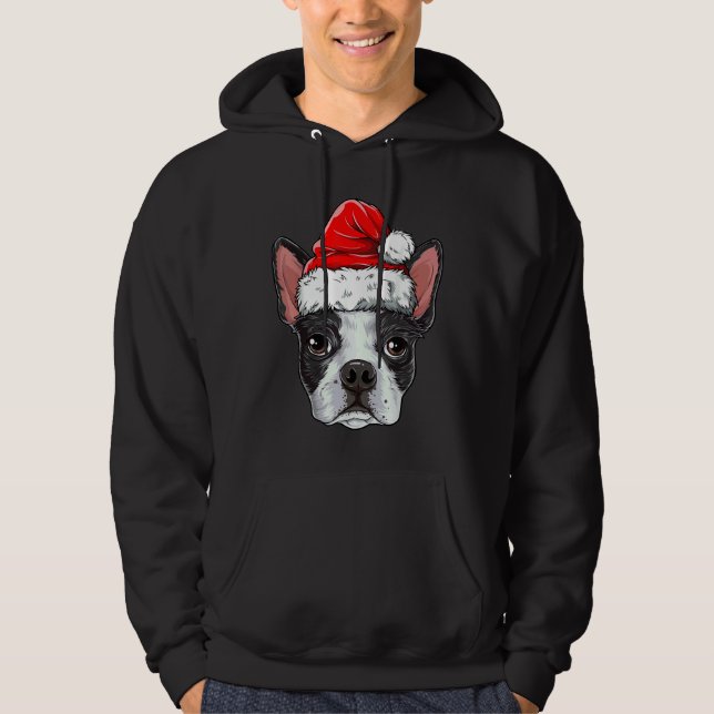 Boston Terrier Christmas Dog Santa Hat Xmas Boys Hoodie (Front)