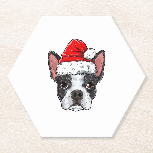 Boston Terrier Christmas Dog Santa Hat Xmas Boys K Paper Coaster (Front)