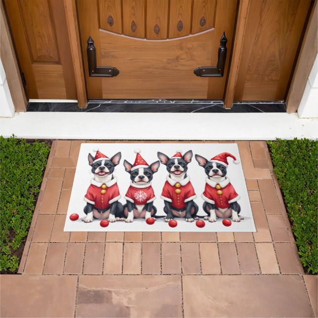 Boston Terrier Christmas Dress Santa Hat Doormat (Outdoor)