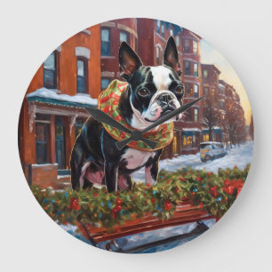 Boston Terrier Christmas Festive Season Large Clock
