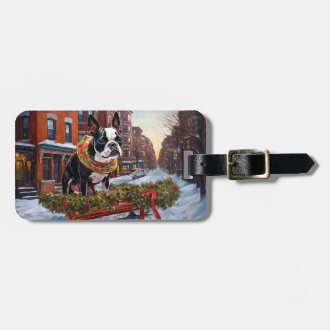 Boston Terrier Christmas Festive Season Luggage Tag (Front Horizontal)
