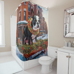 Boston Terrier Christmas Festive Season Shower Curtain