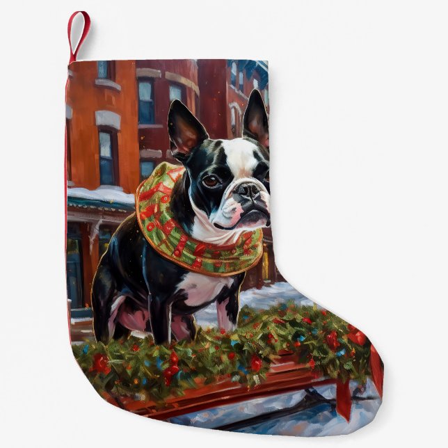 Boston Terrier Christmas Festive Season Small Christmas Stocking (Front)