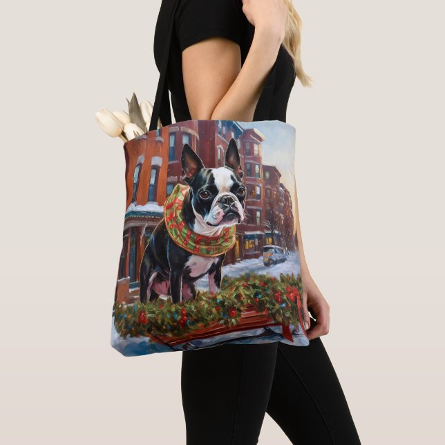 Boston Terrier Christmas Festive Season Tote Bag (Close Up)