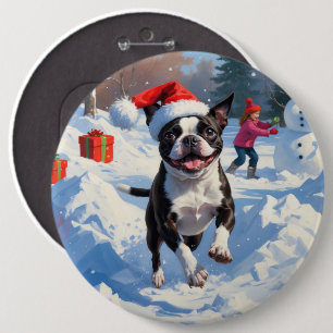 Boston Terrier  Christmas Festive Snow Scene 6 Cm Round Badge