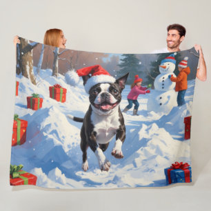 Boston Terrier  Christmas Festive Snow Scene Fleece Blanket