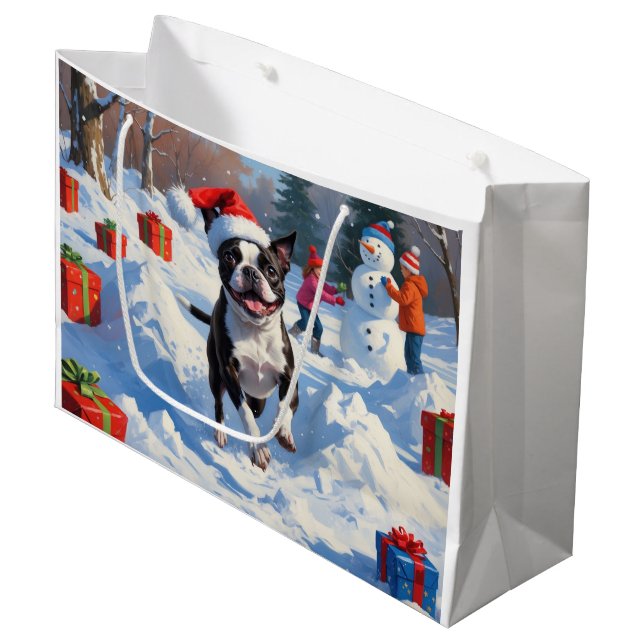 Boston Terrier  Christmas Festive Snow Scene Large Gift Bag (Front Angled)