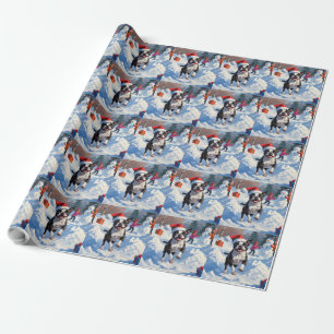 Boston Terrier  Christmas Festive Snow Scene Wrapping Paper