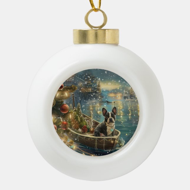 Boston Terrier Christmas Festive Voyage Ceramic Ball Christmas Ornament (Front)