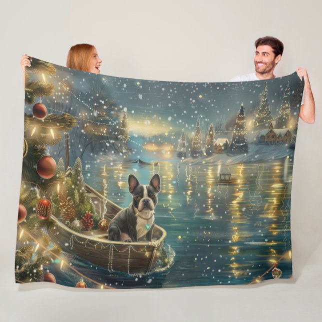 Boston Terrier Christmas Festive Voyage Fleece Blanket (In Situ)