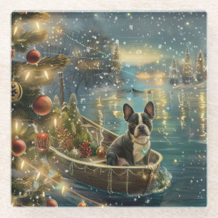 Boston Terrier Christmas Festive Voyage Glass Coaster