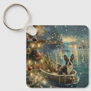 Boston Terrier Christmas Festive Voyage Key Ring