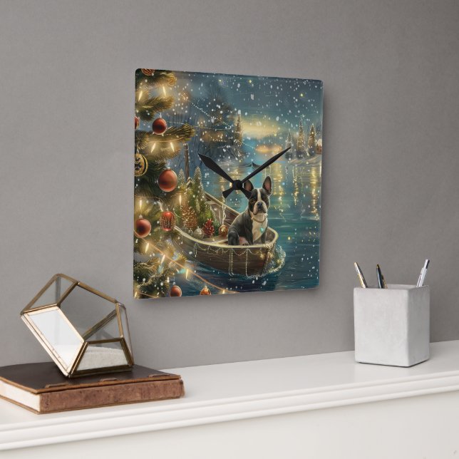Boston Terrier Christmas Festive Voyage Square Wall Clock (Office)
