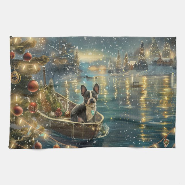 Boston Terrier Christmas Festive Voyage Tea Towel (Horizontal)