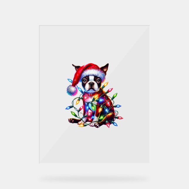 Boston Terrier Christmas Lights Santa Hat Dog Love Acrylic Sign (Front)