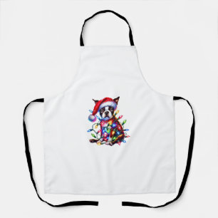 Boston Terrier Christmas Lights Santa Hat Dog Love Apron