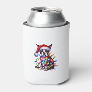 Boston Terrier Christmas Lights Santa Hat Dog Love Can Cooler