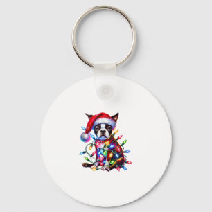 Boston Terrier Christmas Lights Santa Hat Dog Love Key Ring