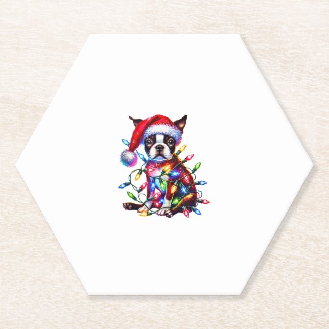 Boston Terrier Christmas Lights Santa Hat Dog Love Paper Coaster (Front)