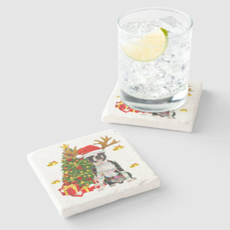 Boston Terrier Christmas Lights Tree Santa Xmas Pa Stone Coaster