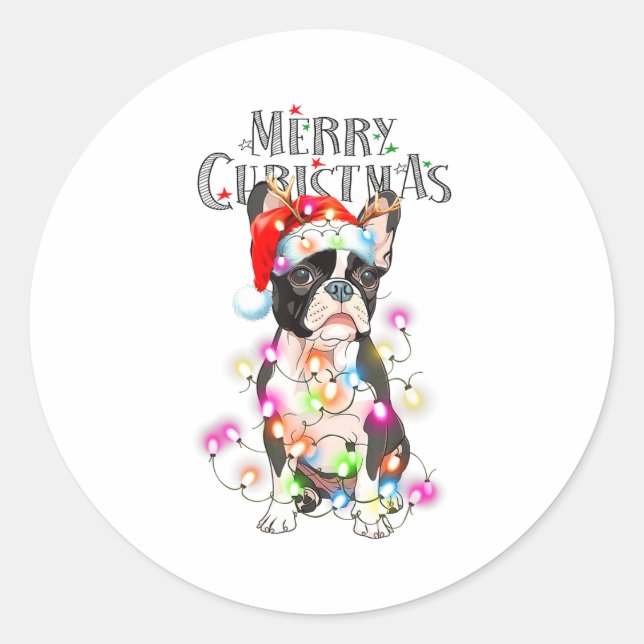Boston Terrier Christmas Lights Xmas Dog  Classic Round Sticker (Front)