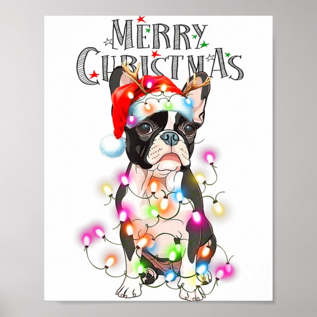 Boston Terrier Christmas Lights Xmas Dog  Poster (Front)