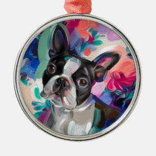 Boston Terrier Christmas Ornament   Floral dog art